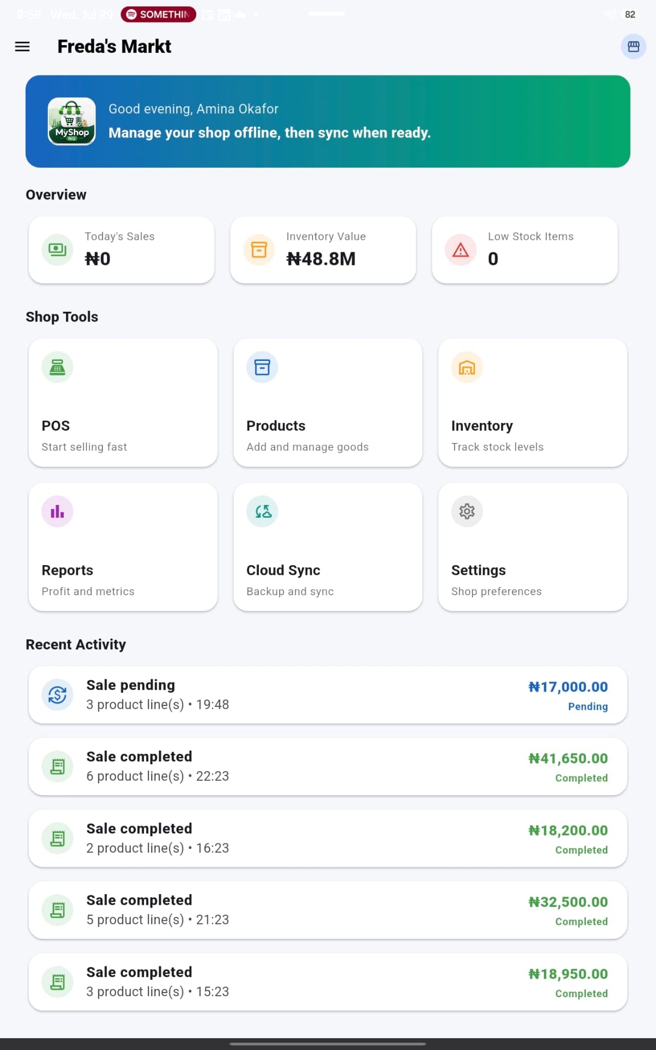 MyShop NG shop dashboard showing sales, inventory and recent activity